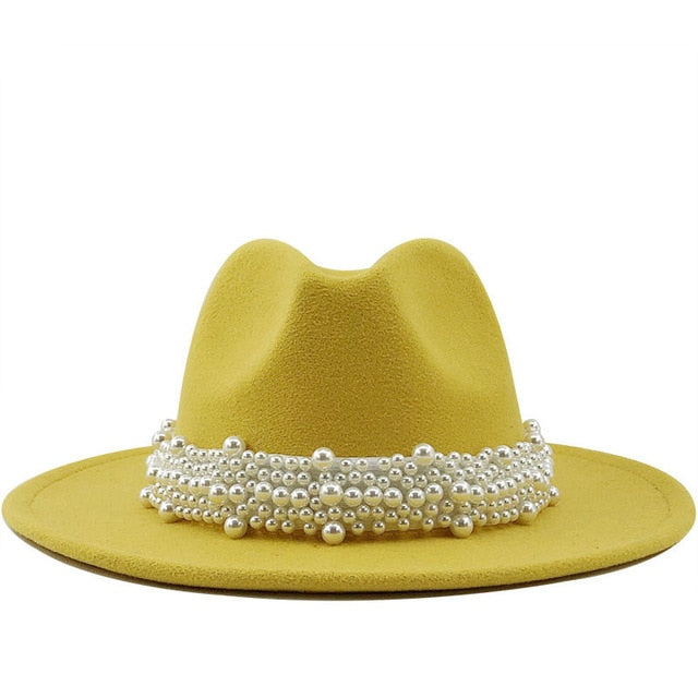 Men & Women Fedora Hat with Leather Pearl ribbon Felt Panama Hat