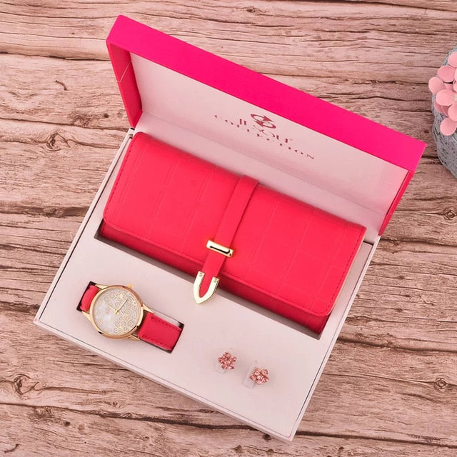 Women's Fashion Quartz Watch Wallet Earrings 3pcs set Gift Box