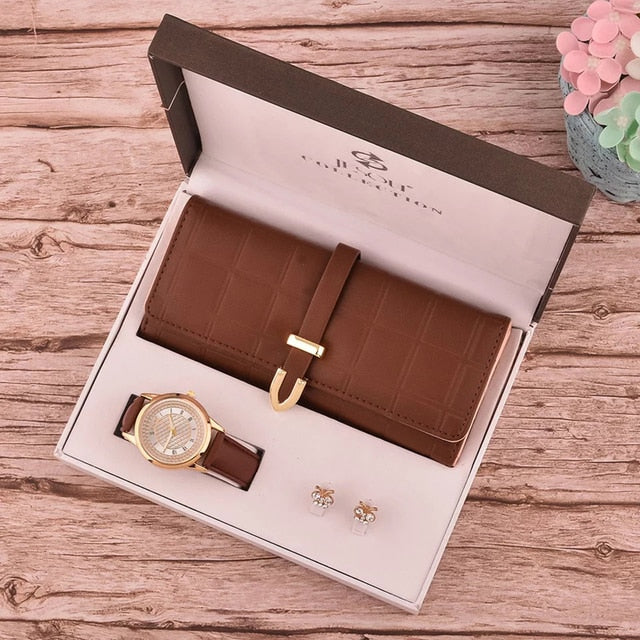 Women's Fashion Quartz Watch Wallet Earrings 3pcs set Gift Box