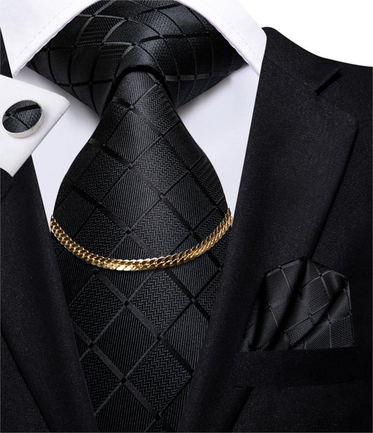 Men's 4 Piece Necktie set with Suit Tie, Tie Chain, Handkerchief & Cufflinks