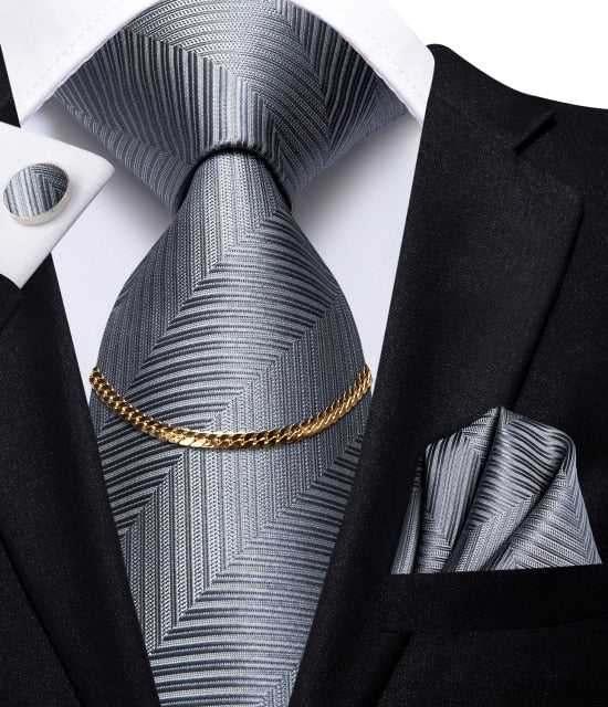 Men's 4 Piece Necktie set with Suit Tie, Tie Chain, Handkerchief & Cufflinks