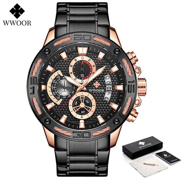 Gold Stainless Steel Quartz Watch Men Waterproof Sport Chronograph