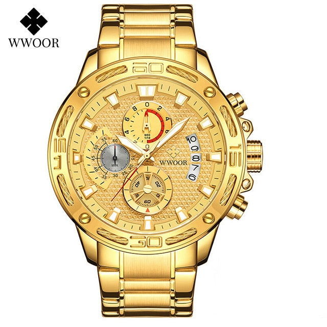 Gold Stainless Steel Quartz Watch Men Waterproof Sport Chronograph