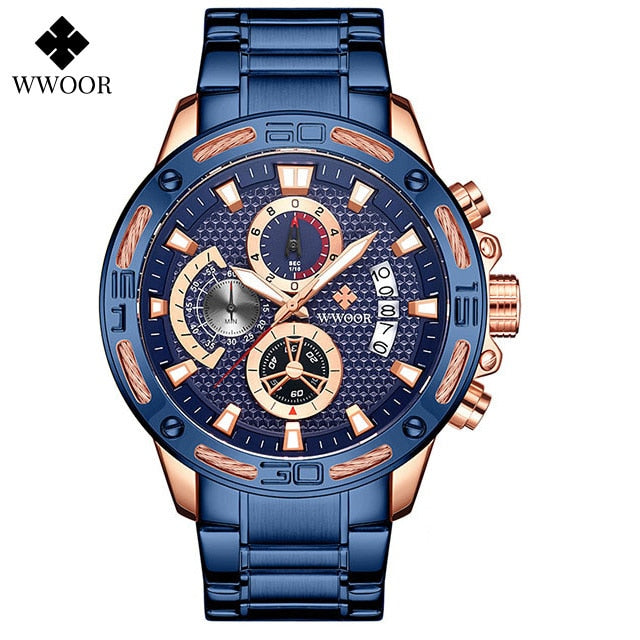 Gold Stainless Steel Quartz Watch Men Waterproof Sport Chronograph