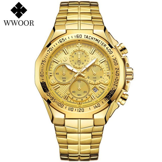 Gold Stainless Steel Quartz Watch Men Waterproof Sport Chronograph
