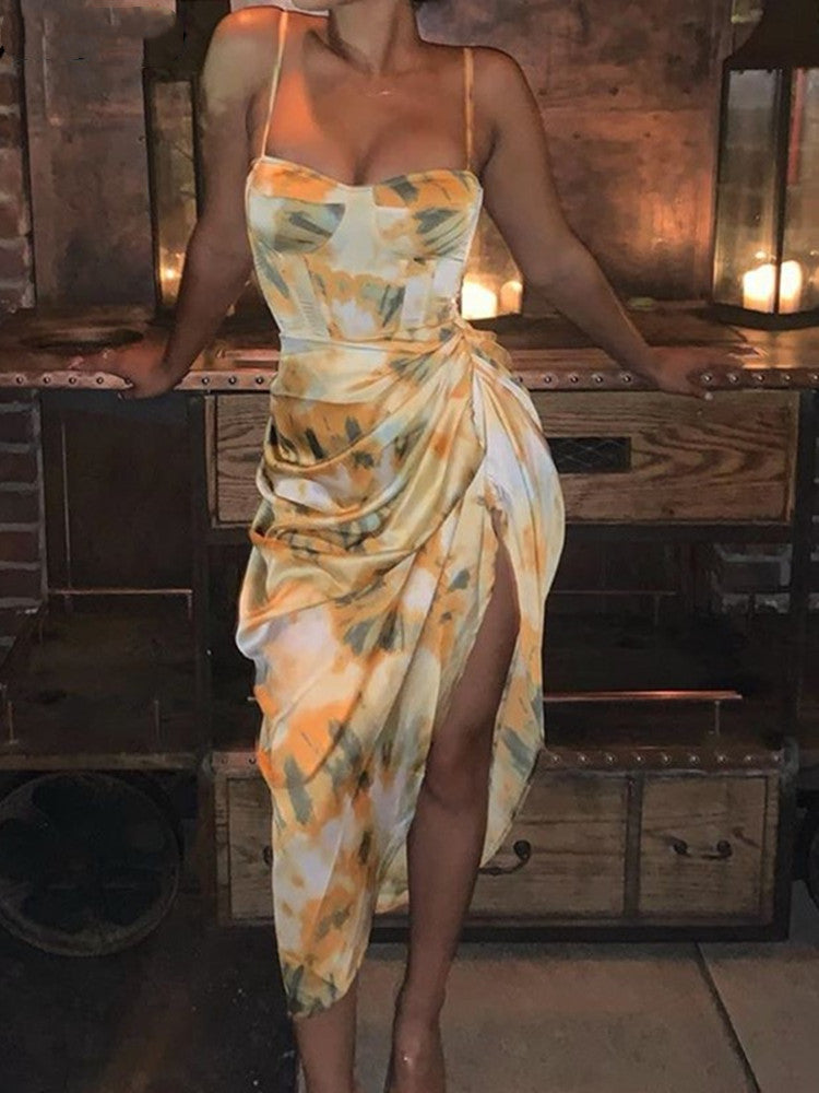 Spaghetti Strap Dress Women's Floral Print with Hem Slim Waist, Irregular Slit, Long Dress