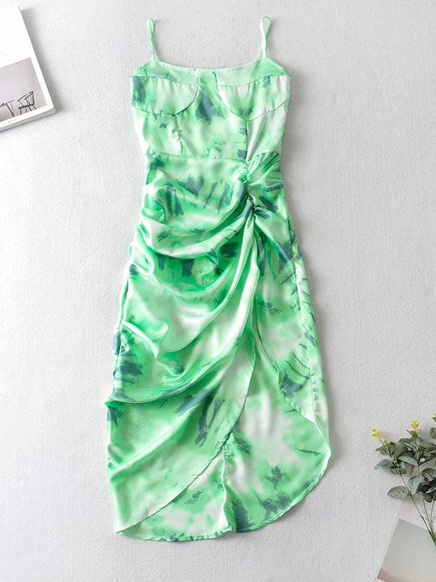 Spaghetti Strap Dress Women's Floral Print with Hem Slim Waist, Irregular Slit, Long Dress