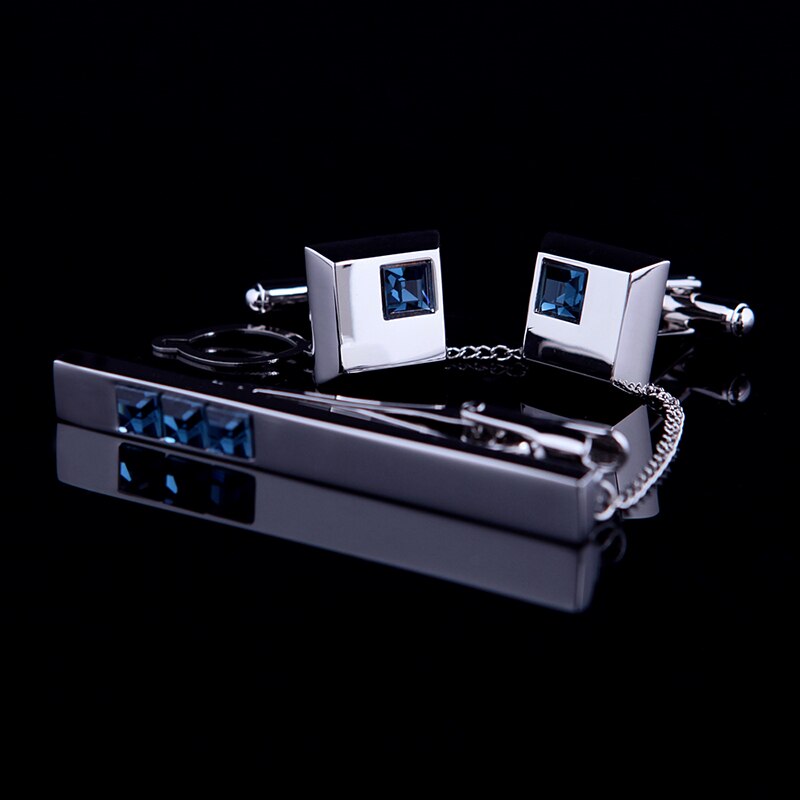 Crystal Cuff links & Tie clip with chain set for Men Blue Crystal